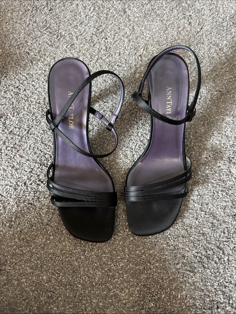 Ann Taylor Black Strappy 2 inch Heeled Sandals with Purple Insole